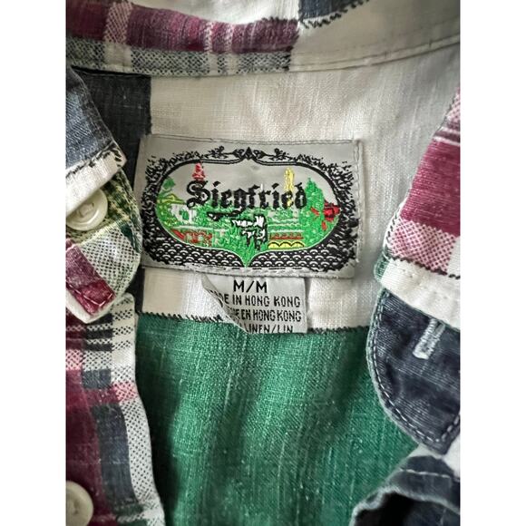 Mens Siegfried Vintage Plaid Patchwork Button Shirt Green White M Cotton Red - Picture 2 of 4